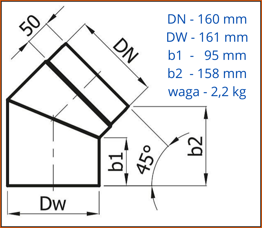 Kolano spalinowe czarne stałe KS160/45-CZ2 - rysunek