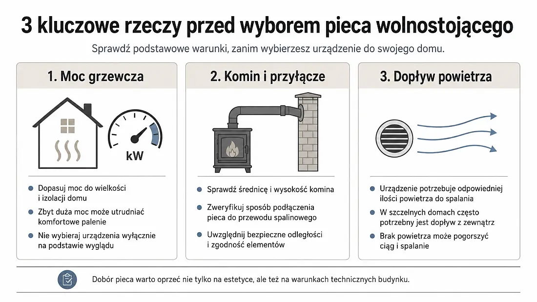 jak dobrać piec wolnostojący moc komin i dopływ powietrza