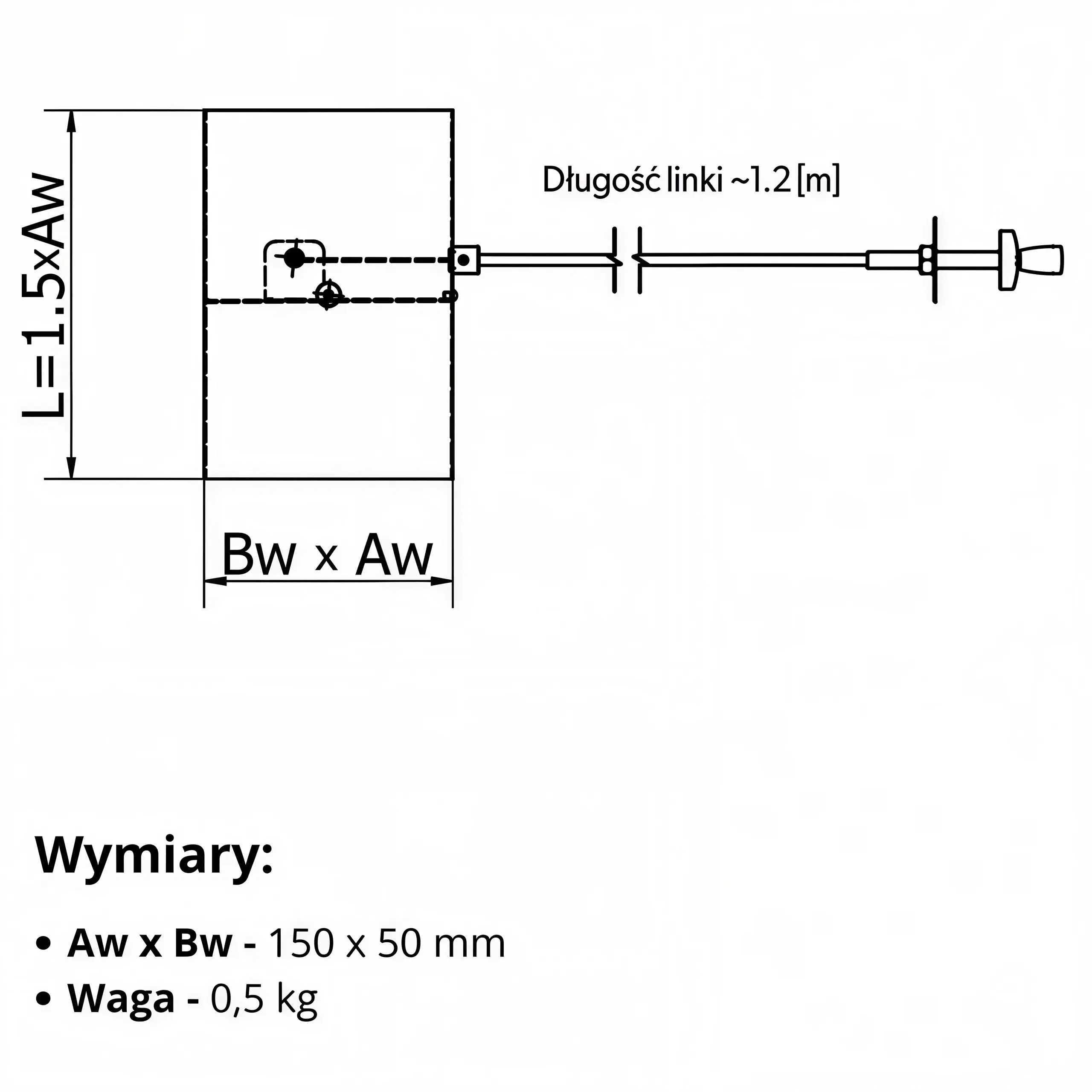 Rysunek techniczny przepustnicy prostokątnej DARCO PJP150x50/C-OC – wymiary i przekrój 150 × 50 mm
