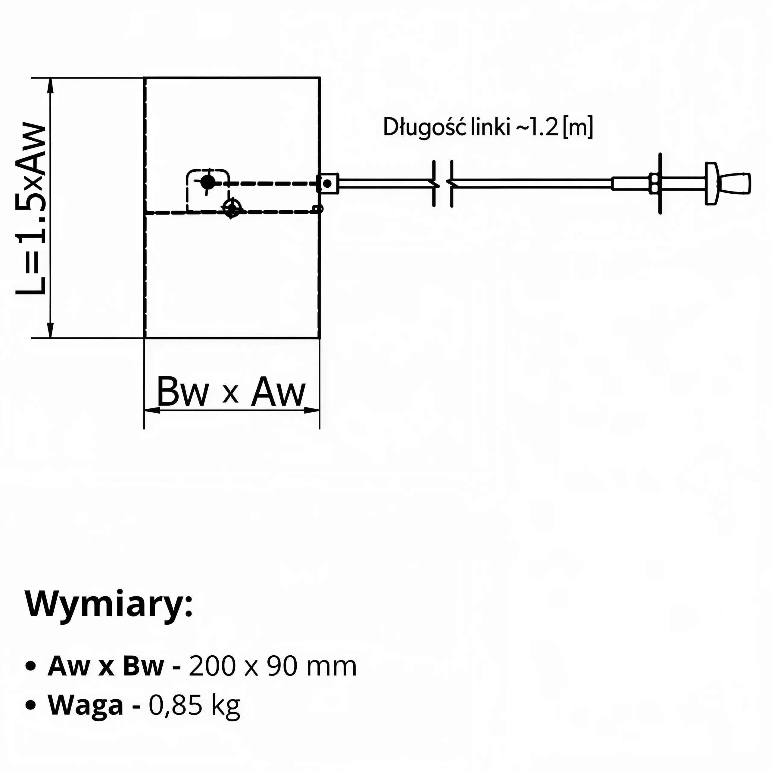 Rysunek techniczny przepustnicy prostokątnej DARCO PJP200x90/C-OC – wymiary i przekrój 200 × 90 mm