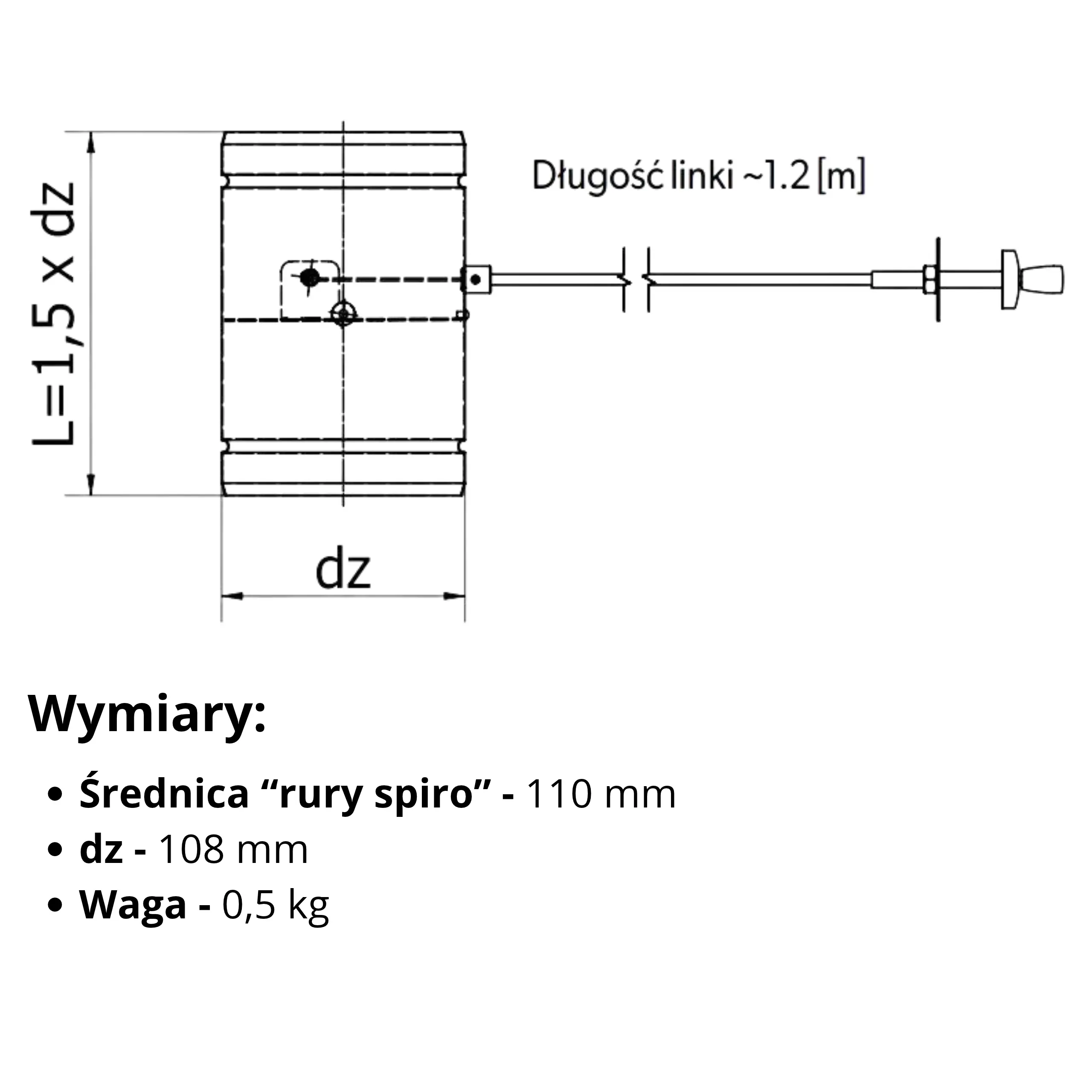 Przepustnica okrągła ocynkowana z cięgnem PJS110/C-OC Darco PJS-150C-rysunek
