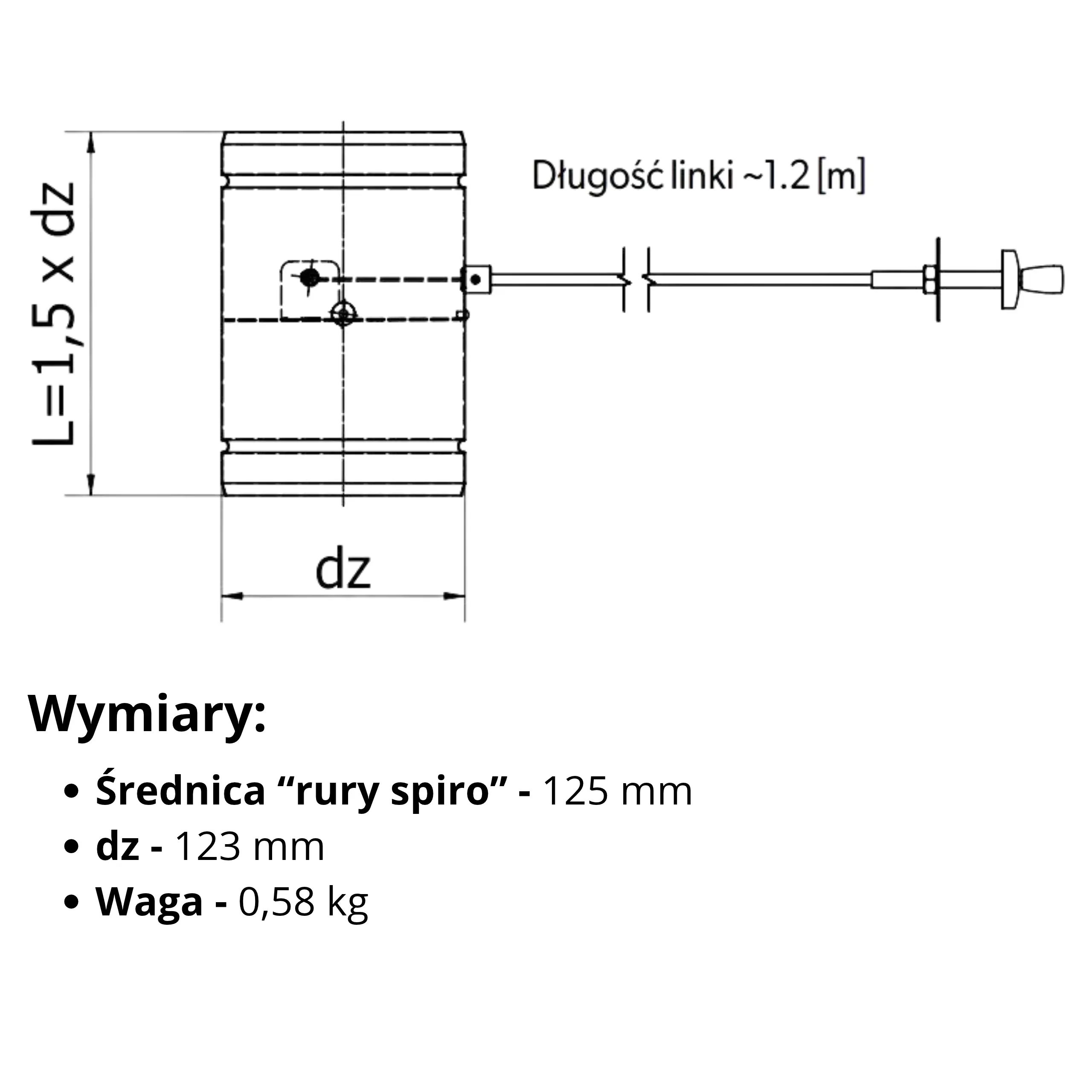 Przepustnica okrągła ocynkowana z cięgnem PJS125/C-OC Darco PJS-150C-rysunek