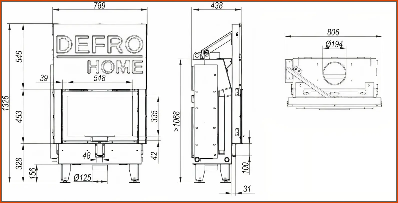 Wkład kominkowy Defro Home Impuls SM G - rysunek z wymiarami