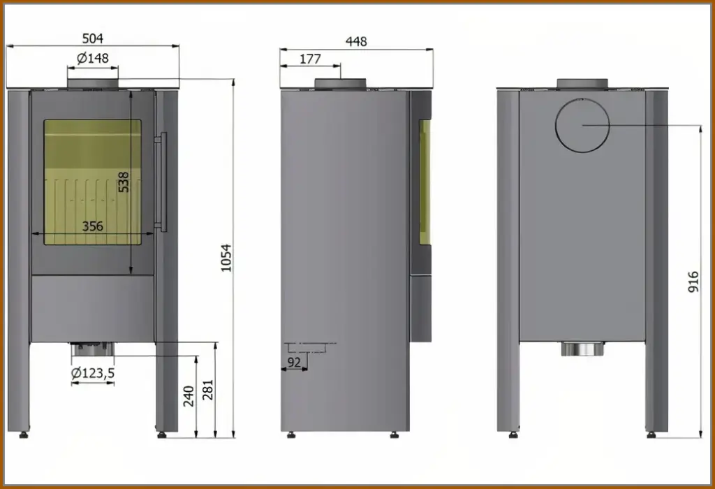 Rysunek techniczny z wymiarami pieca kominkowego Hajduk Compact