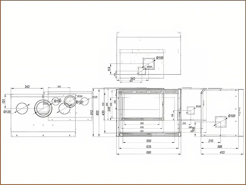Kaseta kominkowa Defro Home CASE S — rysunek z wymiarami
