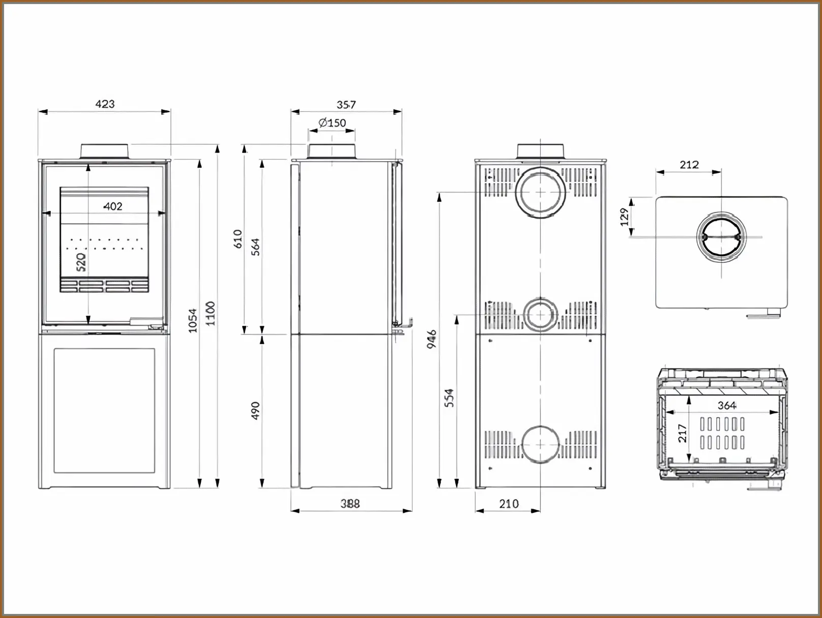 Rysunek-techniczny-z-wymiarami-pieca-kominkowego-Kawmet-Harita-S15i-L-Box-Eco