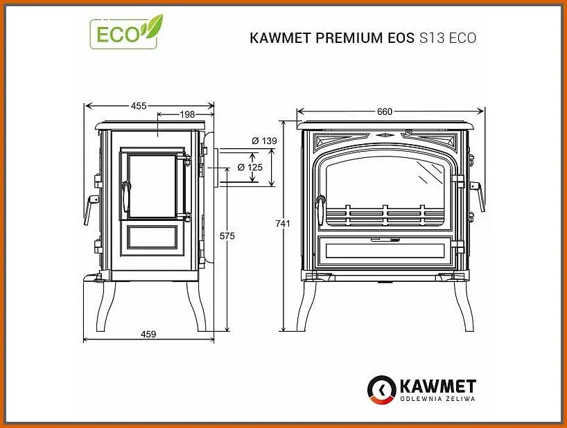 Piec-kominkowy-Kawmet-Premium-EOS-S13- rysunek-z-wymiarami