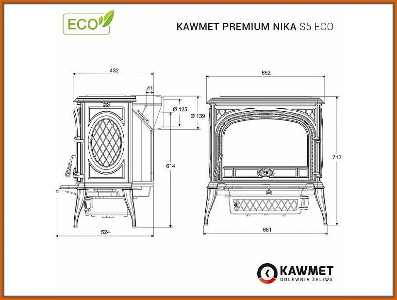 Piec-kominkowy-Kawmet-Premium-NIKA-S5 - rysunek z wymiarami