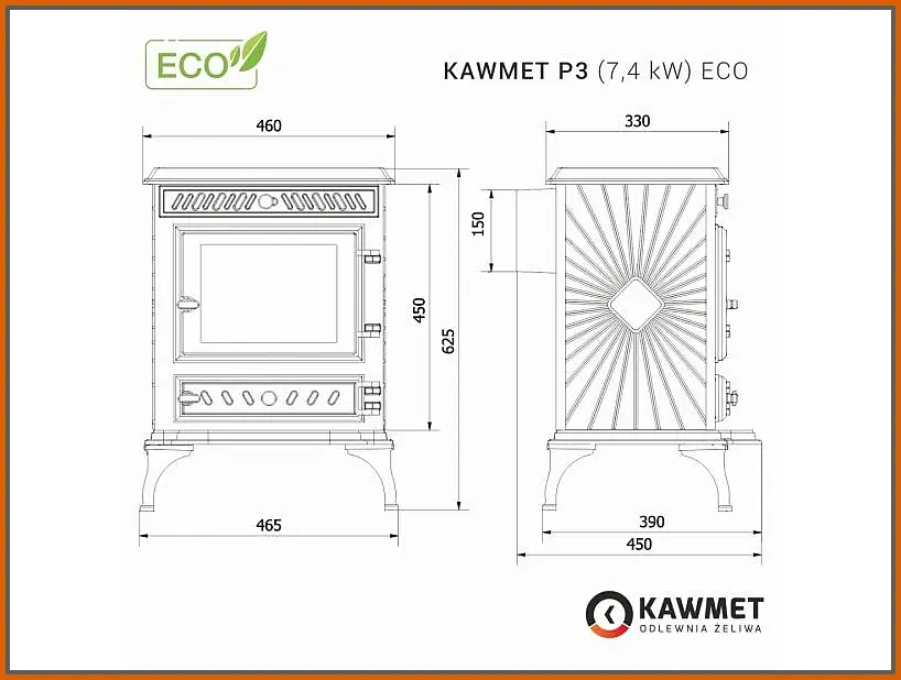 Piec-kominkowy-Kawmet-P3_(7,4-kW)-rysunek-z-wymiarami