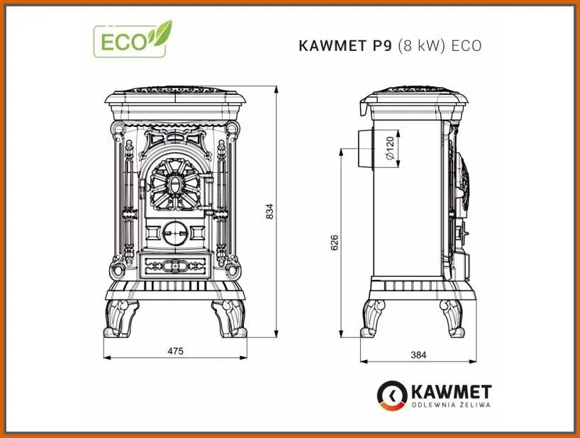 Piec-kominkowy-Kawmet-P9-(8-kW)-rysunek-z-wymiarami