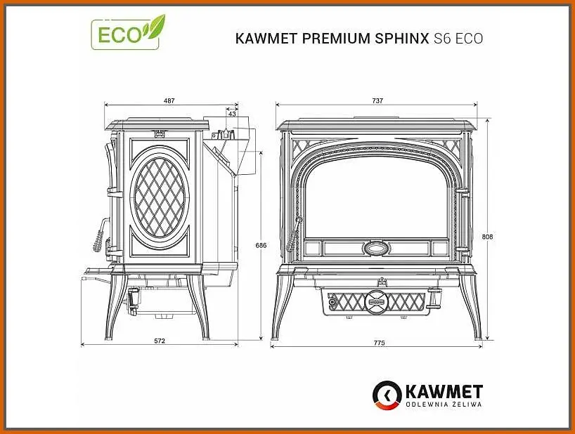 Piec-kominkowy-Kawmet-Premium-SPHINX-S6 - rysunek z wymiarami