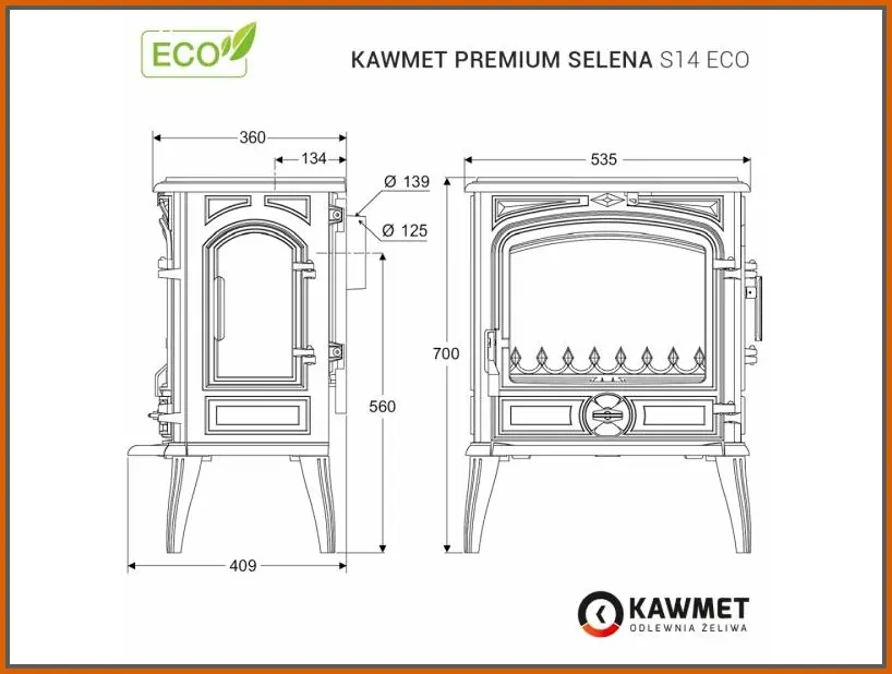 Piec-kominkowy-Kawmet-Premium-SELENA-S14-rysunek-z-wymiarami