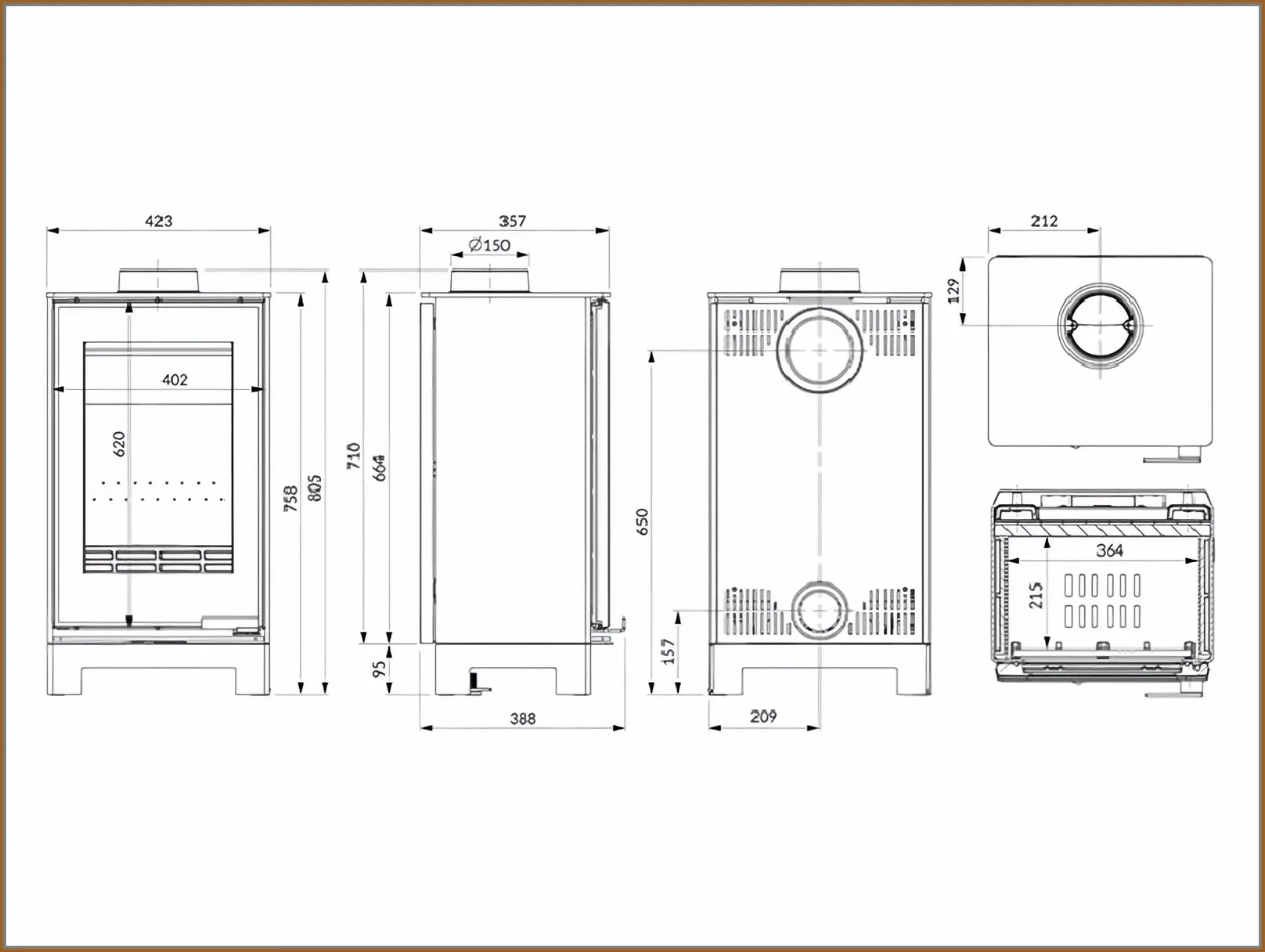 Piec wolnostojący stalowo żeliwny 9,5 kW KAWMET VENUS S16 Basic Decor ECO VENUS-S16-Basic-Decor-ECO-rysunek
