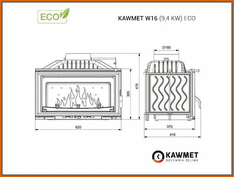 Wklad-kominkowy-Kawmet-W16-9,4-kW-Eco - rysunek z wymiarami