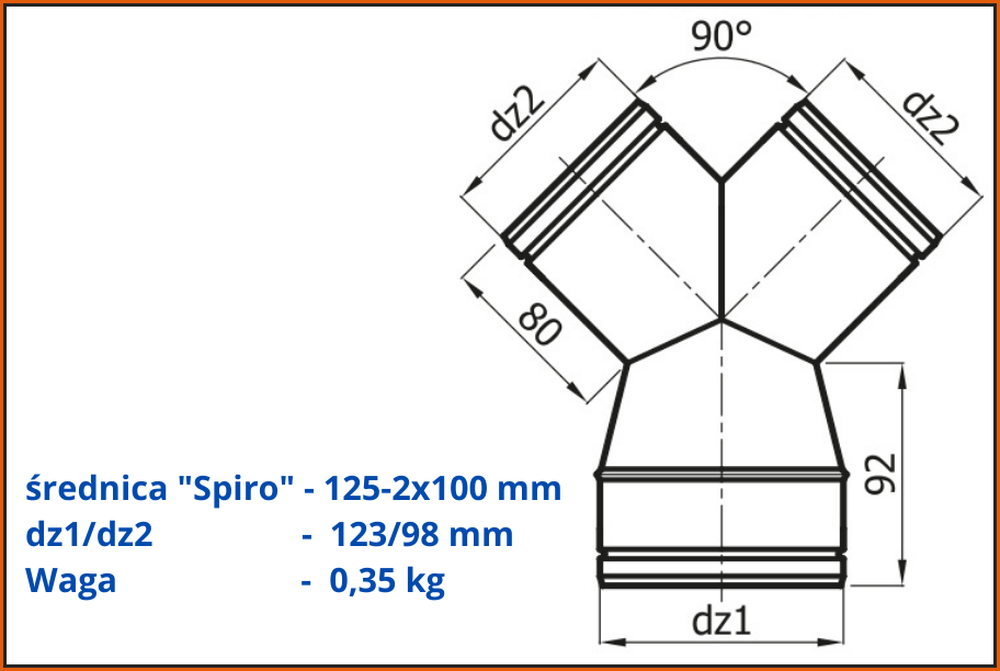 Trójnik redukcyjny portki YRS125-2x100/90-OC-rysunek z wymiarami