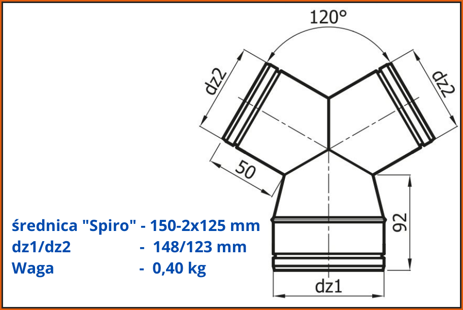 Trójnik redukcyjny portki YRS150-2x125/90-OC-rysunek z wymiarami