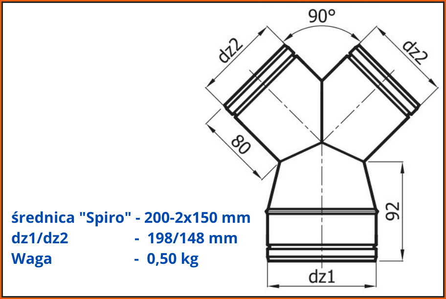 Trójnik redukcyjny portki YRS200-2x150/90-OC-rysunek z wymiarami