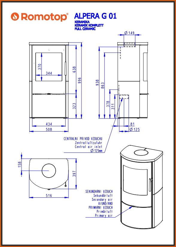 Piec kominkowy Romotop ALPERA G 01 - rysunek z wymiarami