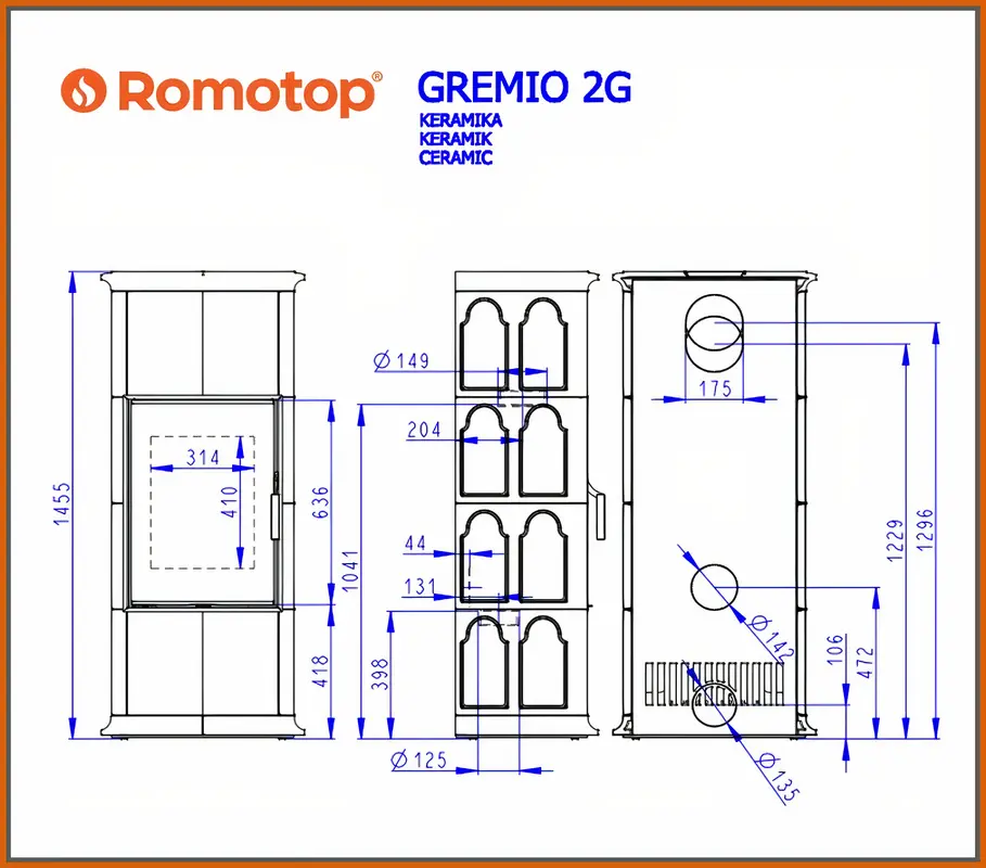 Piec Romotop Gremio 2 - rysunek z wymiarami