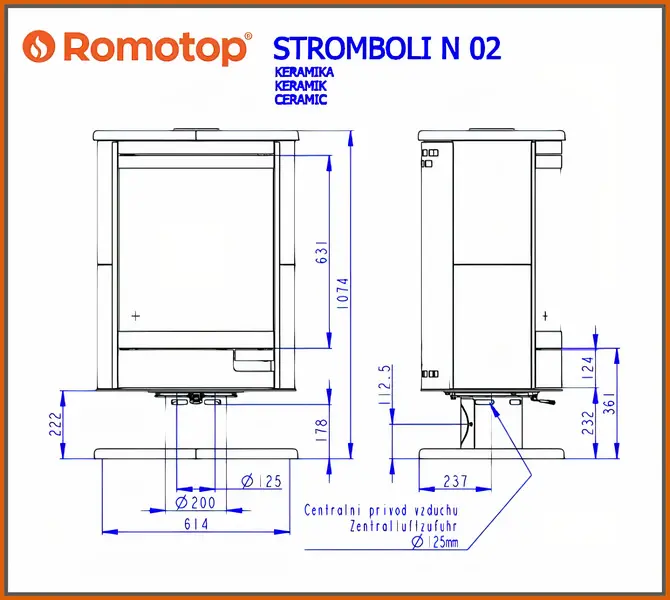 Piec Romotop Stromboli N 02 - rysunek z wymiarami
