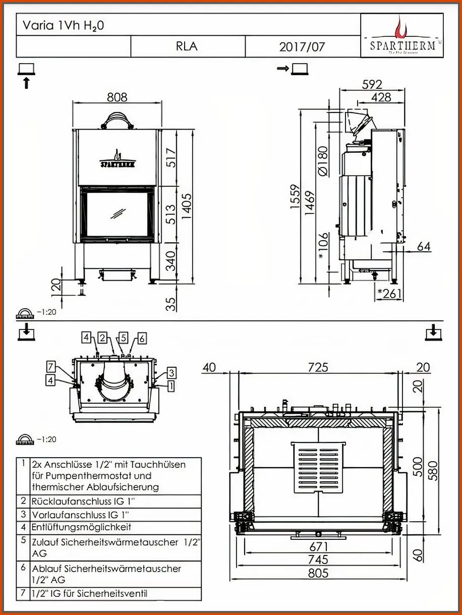 Wkład kominkowy Spartherm VARIA 1Vh H2O - rysunek z wymiarami