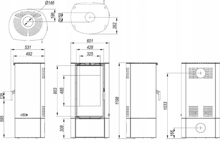 Piec kominkowy wolnostojący powietrzny stalowy Koza moc 9 kW Defro Home DEA