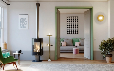 Piec kominkowy powietrzny stalowy 9 kW Defro ORBIS TOP i przyłącze kominowe