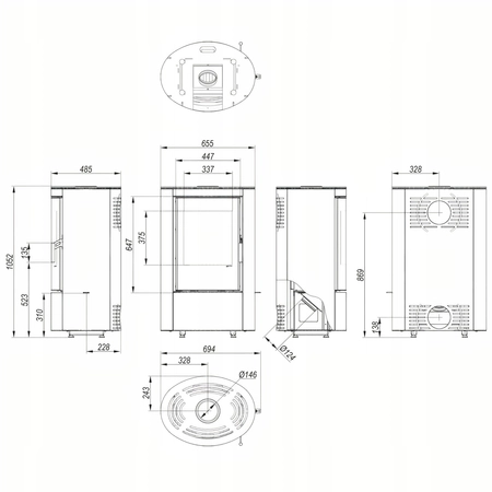 Piec kominkowy wolnostojący stalowy 6 kW Defro Ceres Eli Przyłącze Zestaw