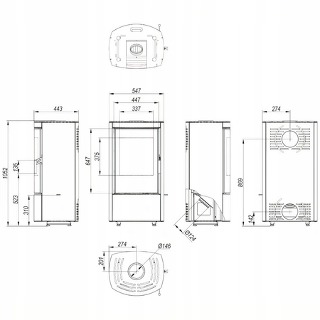 Piec kominkowy wolnostojący stalowy moc 6 kW Defro Ceres Przyłącze Zestaw