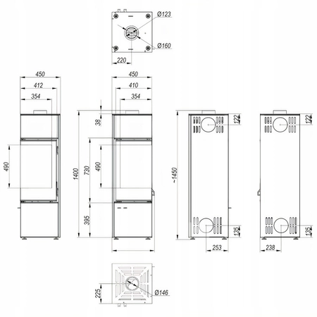 Piec kominkowy wolnostojący stalowy Defro Quadroom Long Przyłącze Zestaw