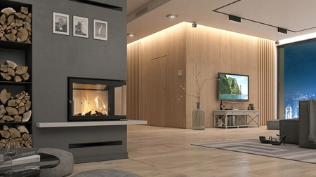 Kominek wkład narożny Defro Home Impuls ME BL i zestaw do montażu zabudowy