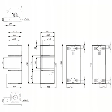 Piec kominkowy wolnostojący stalowy 9 kW Defro Quadroom Przyłącze Zestaw