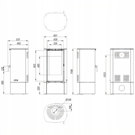 Piec kominkowy wolnostojący stalowy moc 9 kW Defro DEA LOG Przyłącze Zestaw
