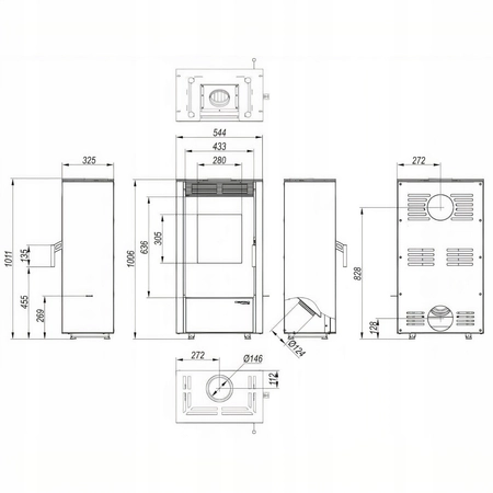 Piec kominkowy wolnostojący stalowy moc 6 kW Defro Viva Przyłącze Zestaw