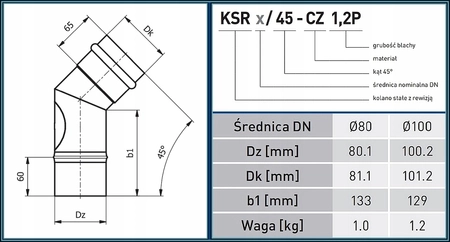 Kolano 45 stopni do pieców na pelet SPKP KS100/45-CZ1,2P Darco