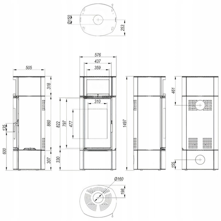 Piec kominkowy wolnostojący moc 9 kW Eko Defro Extento H Przyłącze Zestaw