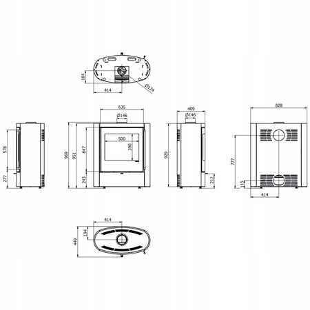 Piec kominkowy wolnostojący stalowy 9 kW Defro Sedna Przyłącze Zestaw