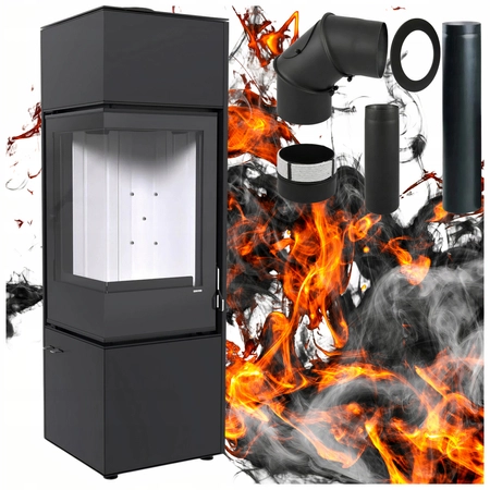 Piec kominkowy wolnostojący stalowy Defro Quadroom Long Przyłącze Zestaw