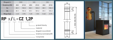 Rura prosta czarna do pieców na pelet SPKP 100/500 mm RP100/0,5-CZ1,2P Darco
