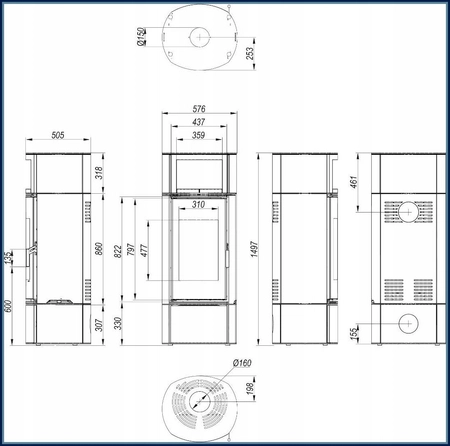 Piec kominkowy powietrzny wolnostojący stalowy 9 kW Defro Orbis Extento H