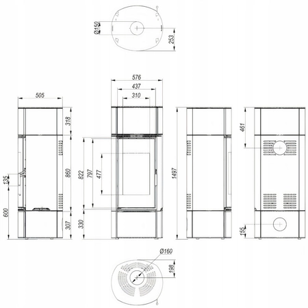 Piec kominkowy wolnostojący moc 9 kW Eko Defro Extento F Przyłącze Zestaw