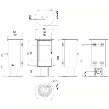 Piec kominkowy wolnostojący stalowy moc 9 kW Defro DEA TOP Przyłącze Zestaw