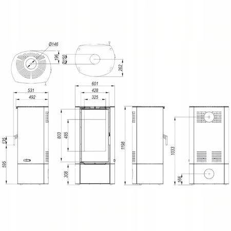 Piec kominkowy wolnostojący stalowy moc 9 kW Defro DEA Przyłącze Zestaw